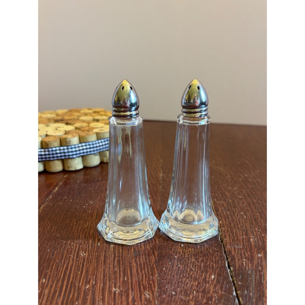 Vintage Clear Glass Salt and Pepper Shakers Set Paneled Hexagonal Base 4.5 Inch